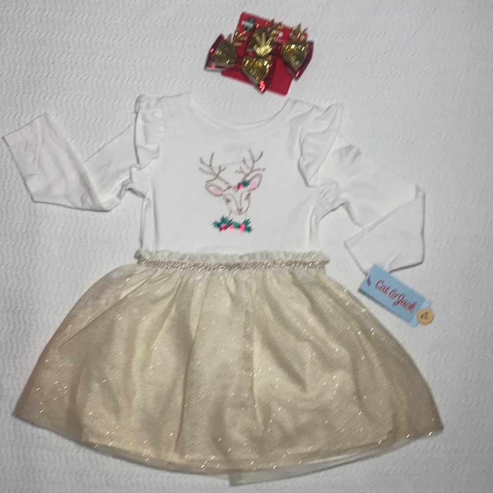 Reindeer Tutu Dress & Hair Clips Holiday SET Christmas Winter NEW